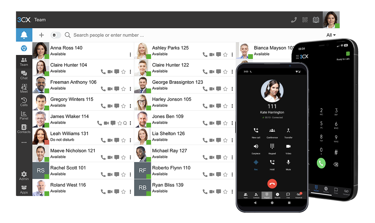 A screenshot of the 3CX WebClient and mobile apps.